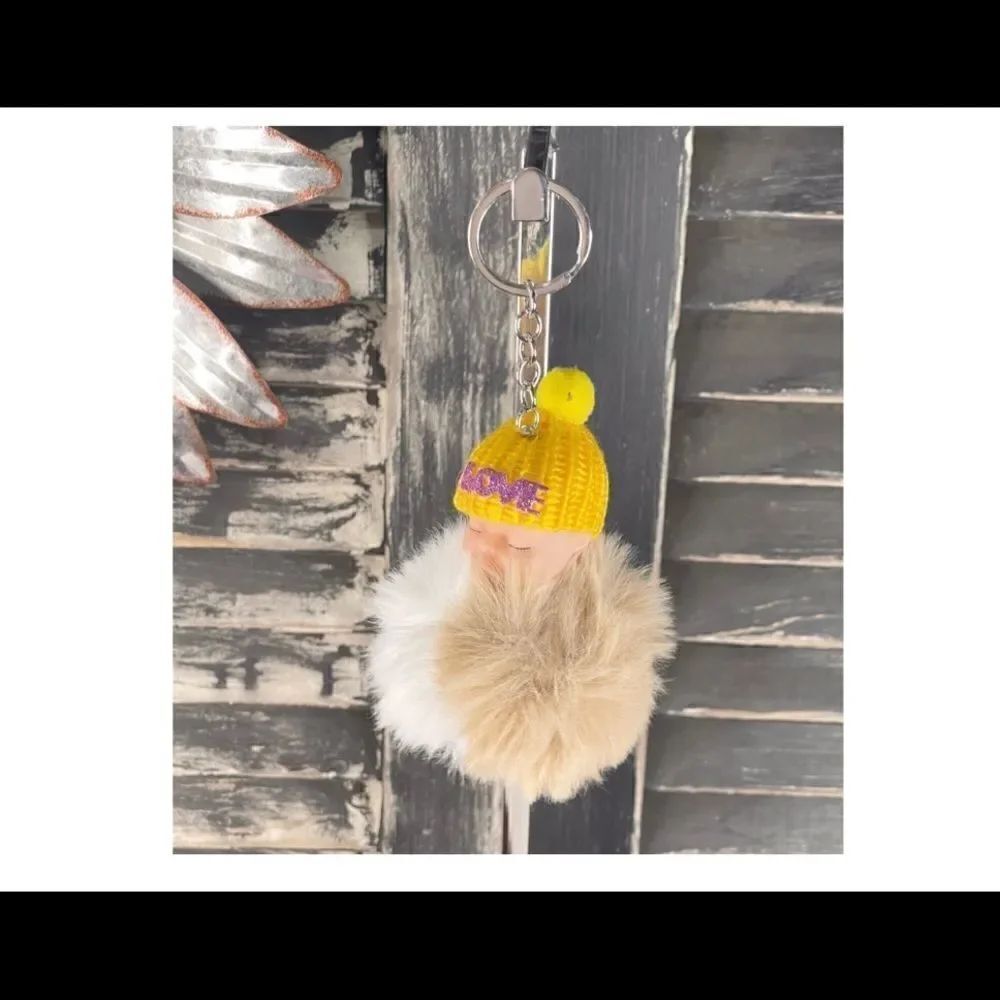 Pom Baby Keychain-Tan & White Pom w/Yellow Hat, Purple Love